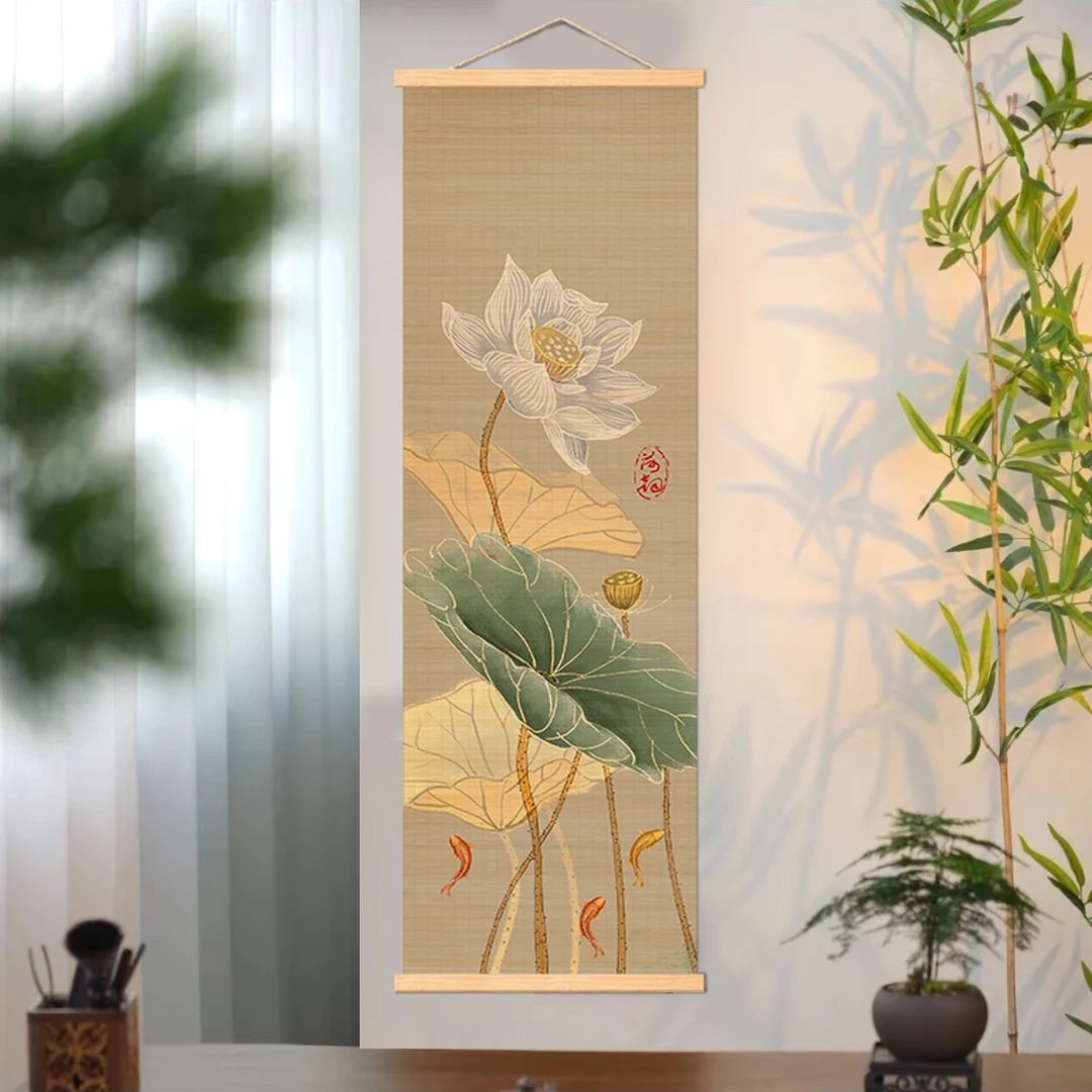 【荷花挂画】非遗竹画荷花图竹画玄关画茶室装饰画茶空间沙发背景