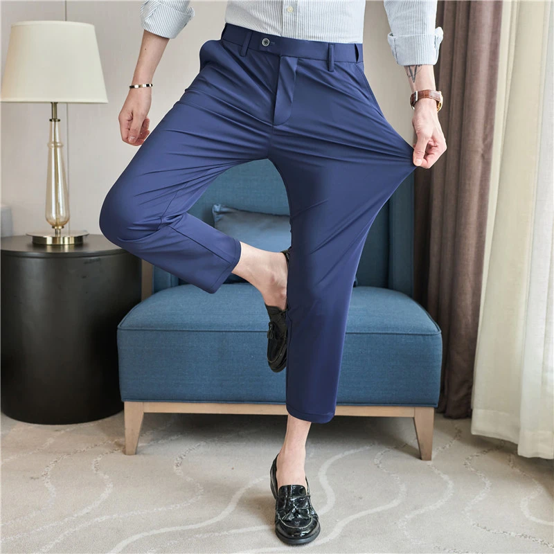 秋季薄款松紧腰高弹力冰丝垂感西裤男士商务修身蓝色休闲九分裤子