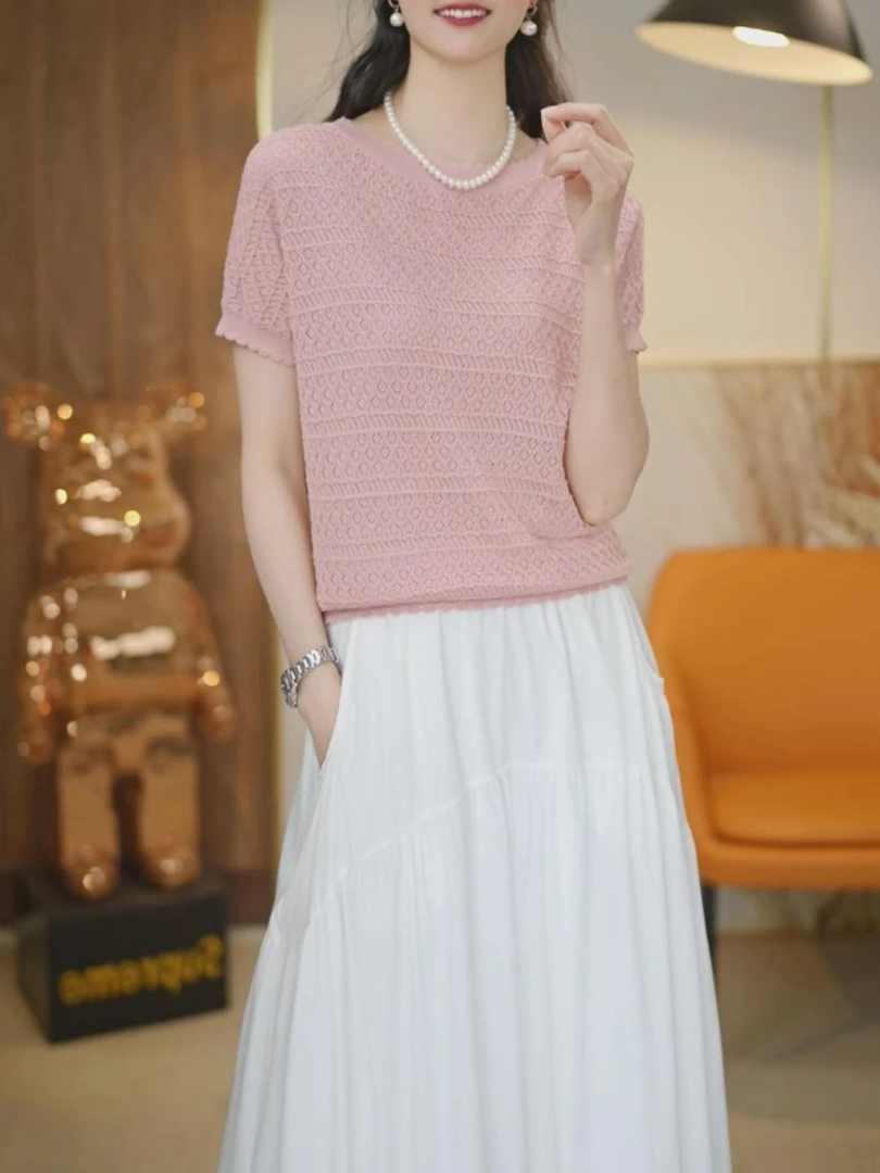 天丝+桑蚕丝轻薄透气圆领纯色镂空针织衫女2025新款百搭气质上衣