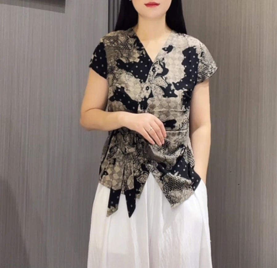2025夏通勤时尚碎花宽松系带女人味短袖v领开衫妈妈装上衣