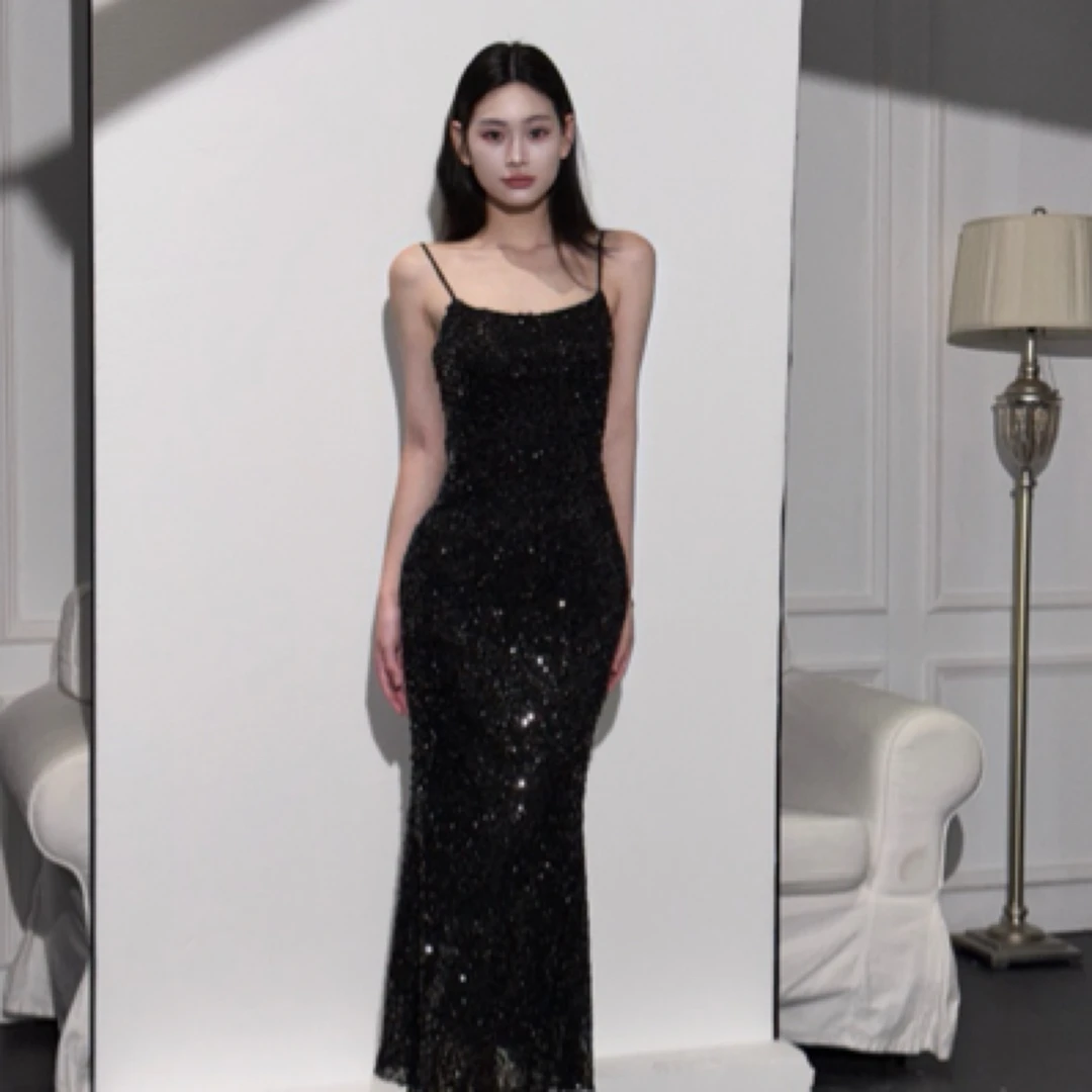 【外1款】轻奢夏季性感亮片吊带连衣裙收腰包臀晚礼服长款