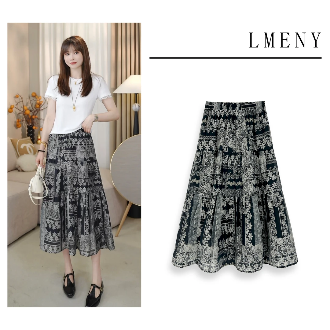 LMENY浪漫蕾丝~轻熟风天丝亚麻印花显瘦半身裙25BQ012