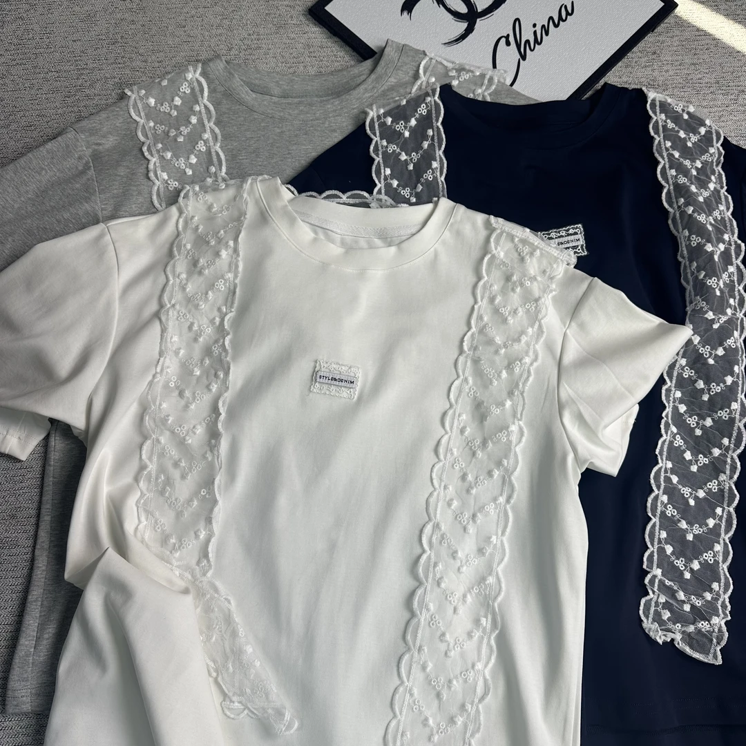 58019#小香风蕾丝飘带设计感短袖T恤女早春圆领宽松洋气时髦上衣