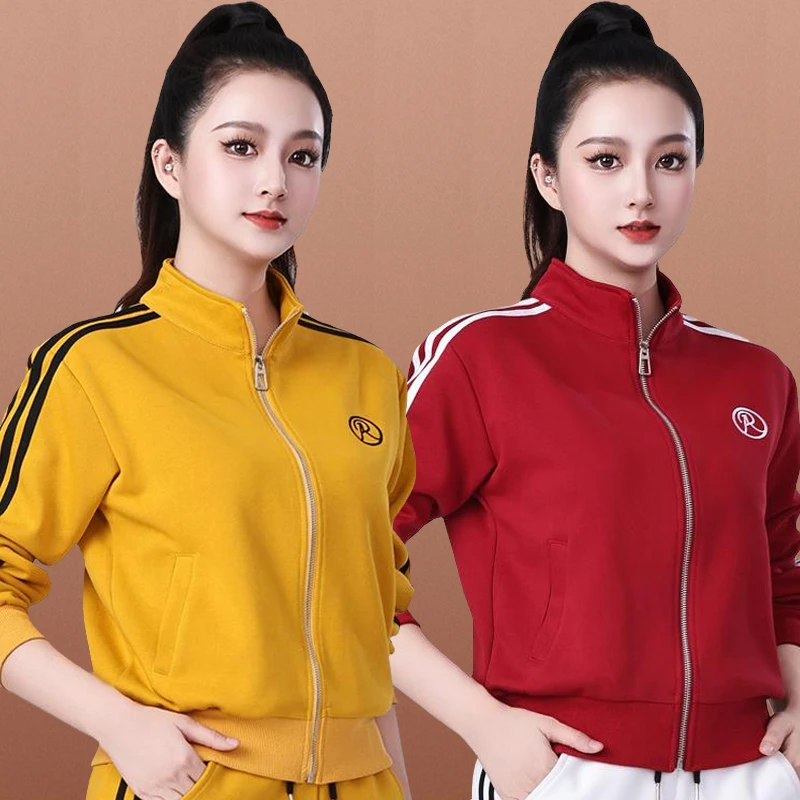 秋冬新款广场舞服装上衣棉立领印花条纹开衫外套运动体操曳步舞衣