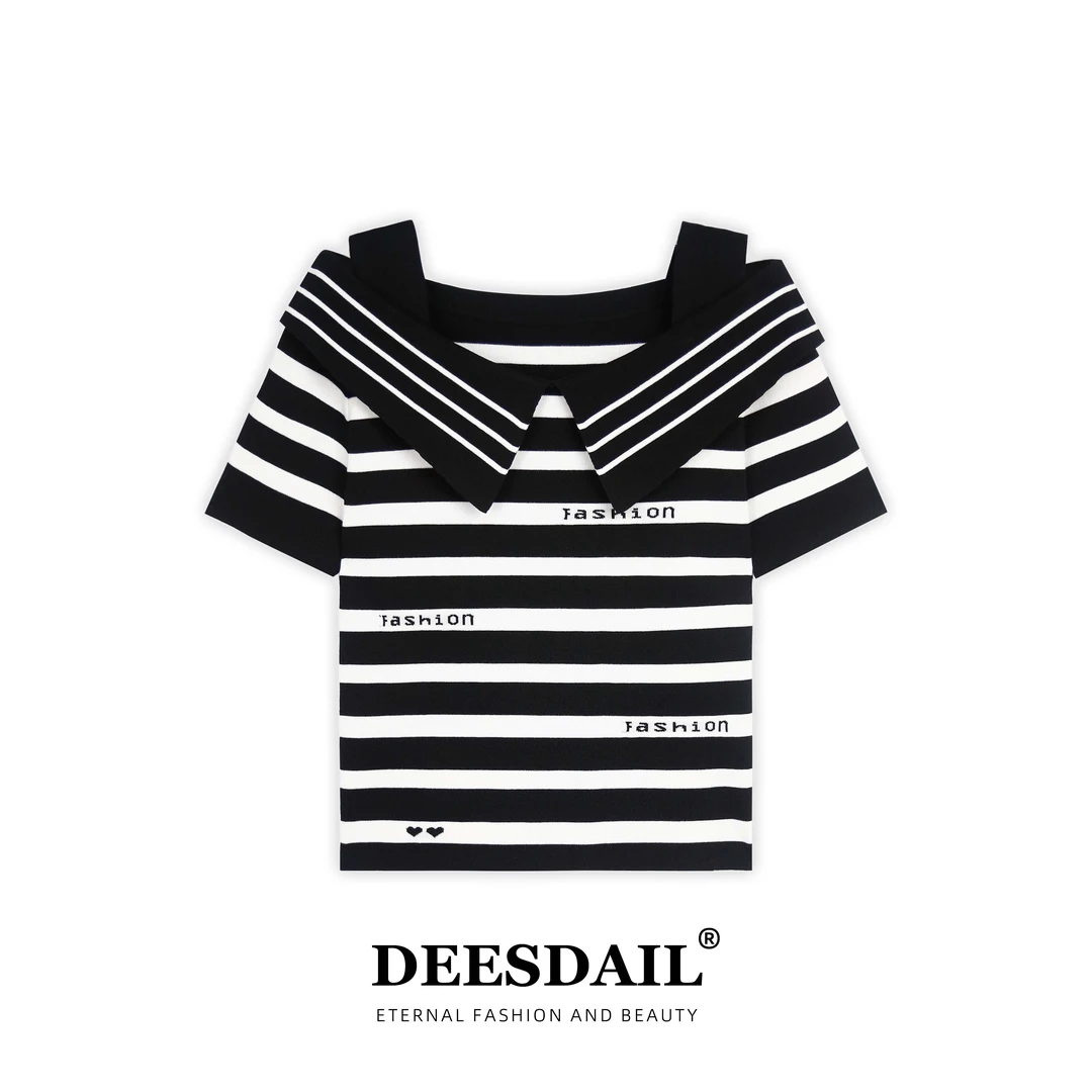 DEESDAIL条纹轻奢高档字母上衣气质显瘦百搭t恤女装小众女装Y372