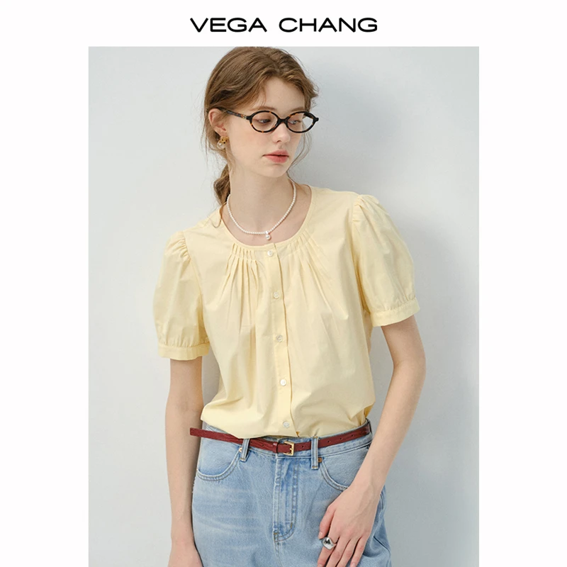 VEGA CHANG【莱赛尔】衬衫女2026新款夏捏褶法式泡泡袖衬衣0020LW