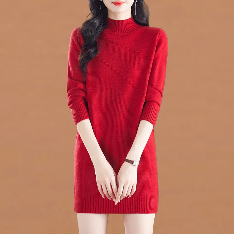 中长款针织毛衣女秋冬2025新款加厚半高领洋气打底衫配大衣连衣裙