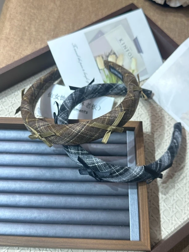 【093】～韩系格纹蝴蝶结发箍女新款细边头箍百搭外出压发发卡头饰