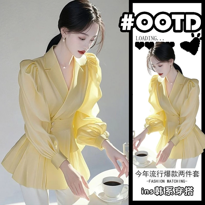 2025超火春季新款独特漂亮上衣法式气质轻奢高级感超好看黄色衬衫