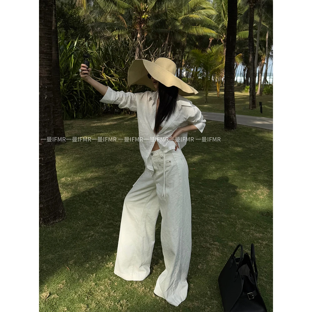 IFMR高腰牛仔裤女2025夏季薄款宽松休闲阔腿裤垂感直筒白色裤子女