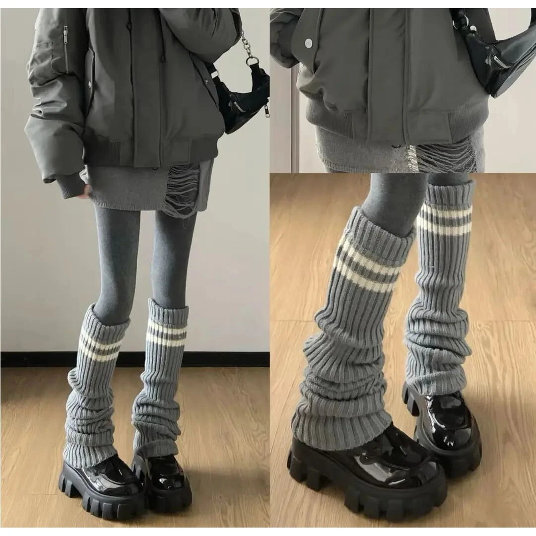 秋冬灰色学院风过膝长筒堆堆袜套女加厚针织条纹保暖护膝小腿套黑