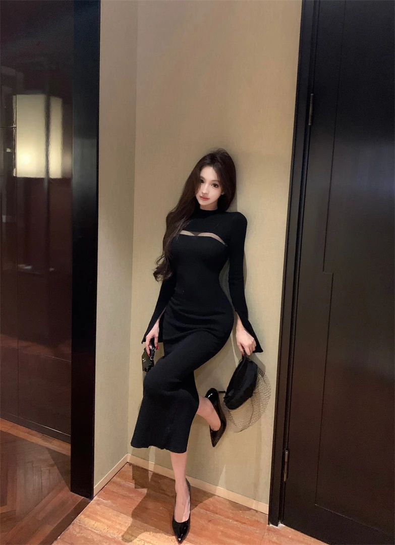 实拍 雾时秋信 高领长袖针织裙修身显瘦拼接连衣裙气质打底性感