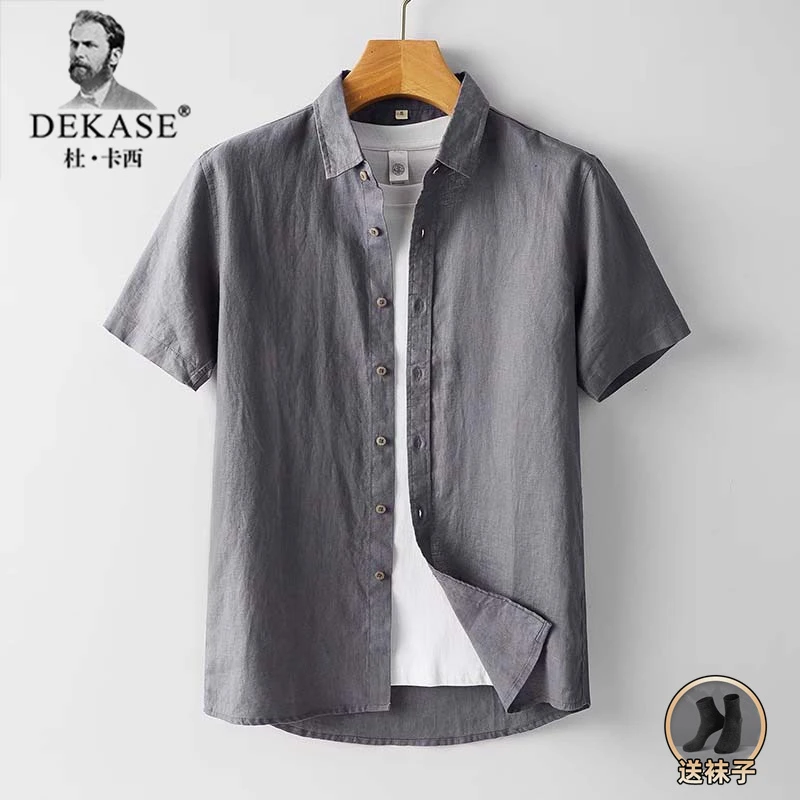 Dekase 纯色亚麻短袖衬衫夏季男士薄款宽松时尚透气户外休闲上衣