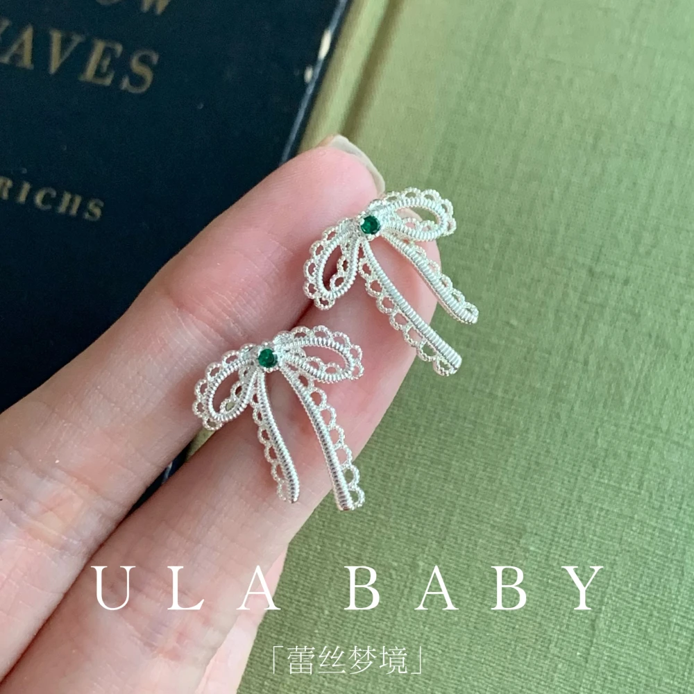 铜合金耳饰 【喜儿ula】7-20-14「蕾丝梦境」法式气质蕾丝蝴蝶结耳钉