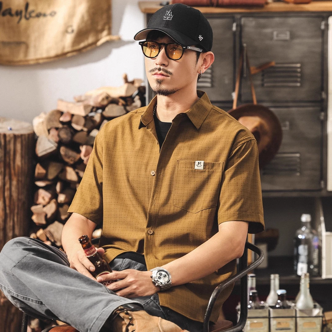 美式复古格子提花短袖衬衫男夏季新款潮流宽松休闲半袖冰丝衬衣男