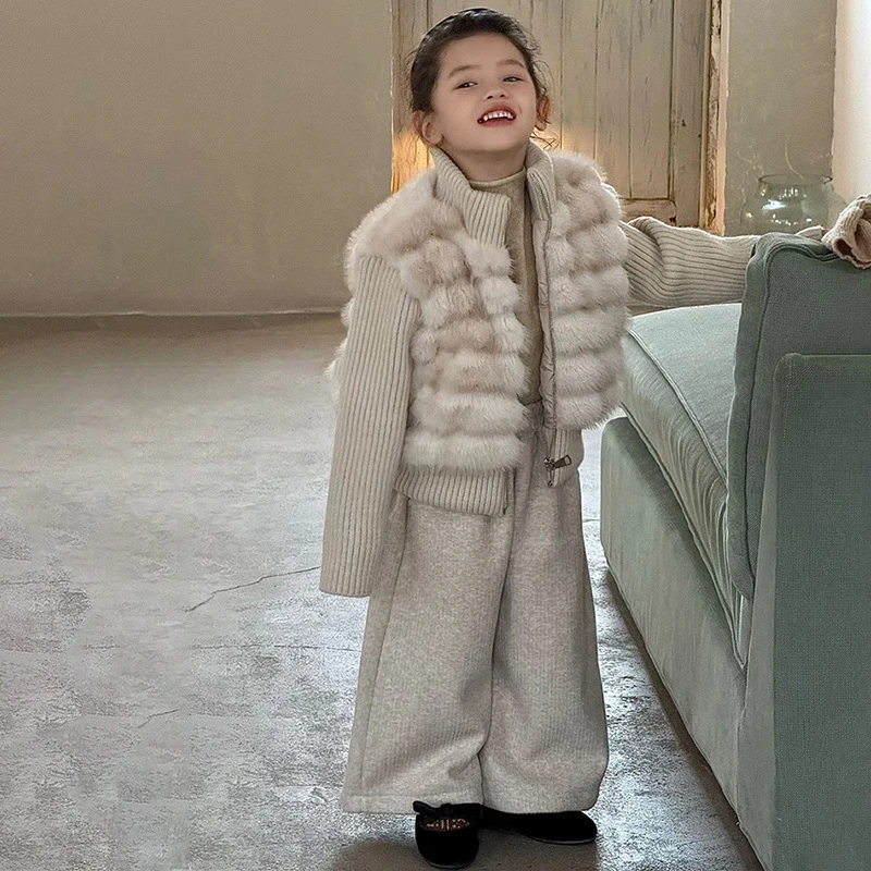 女童秋冬新款套装2025女宝宝洋气仿皮草夹棉外套加绒休闲裤两件套