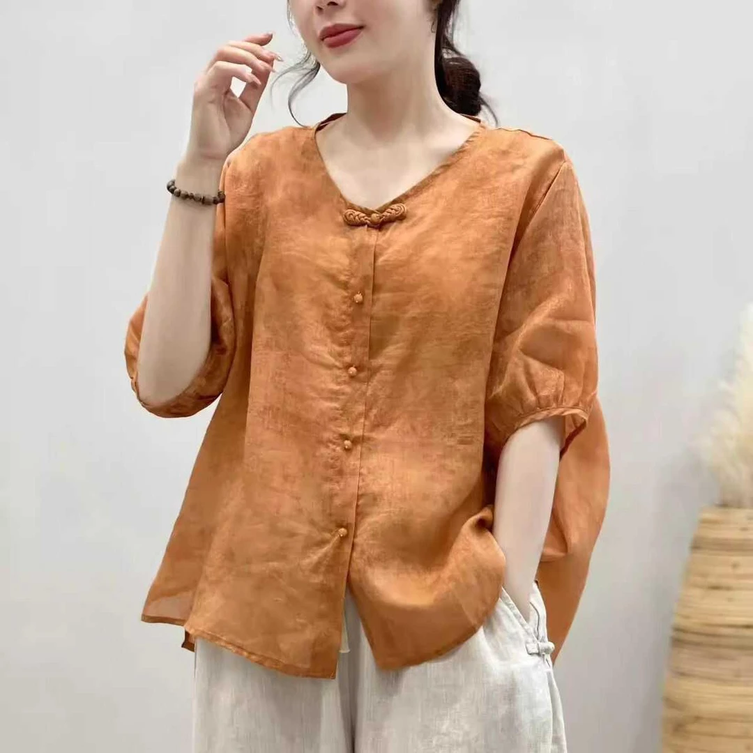 AMAS商城同款高端苎麻短袖衬衫女秋夏季新款麻料国妈妈夏天套装