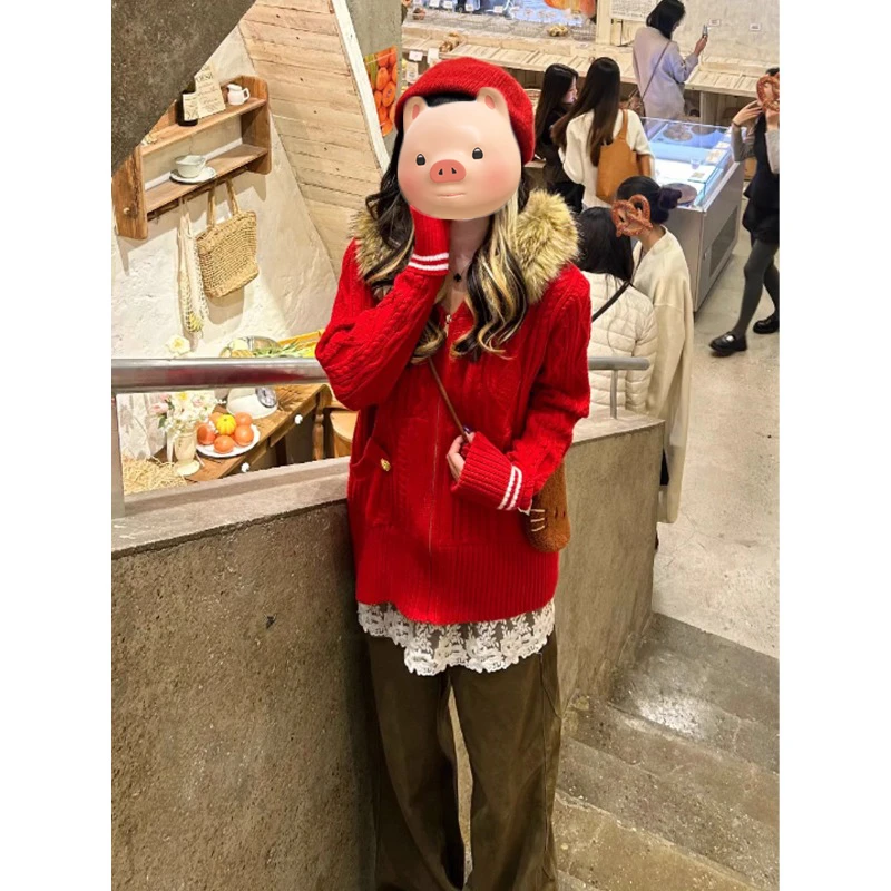 圣诞节穿搭红色大毛领连帽拉链麻花毛衣外套女秋冬慵懒风针织开衫