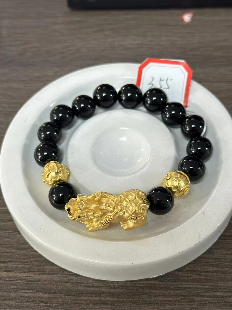 【足金999】卡10钱币貔貅+2颗六字箴言转运珠