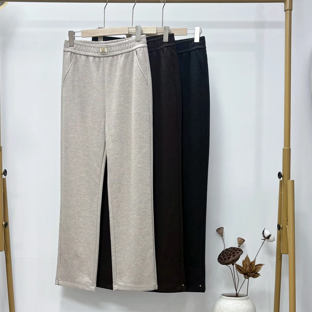 2025秋冬新款 松紧高腰百搭休闲裤小开叉气质直筒裤女