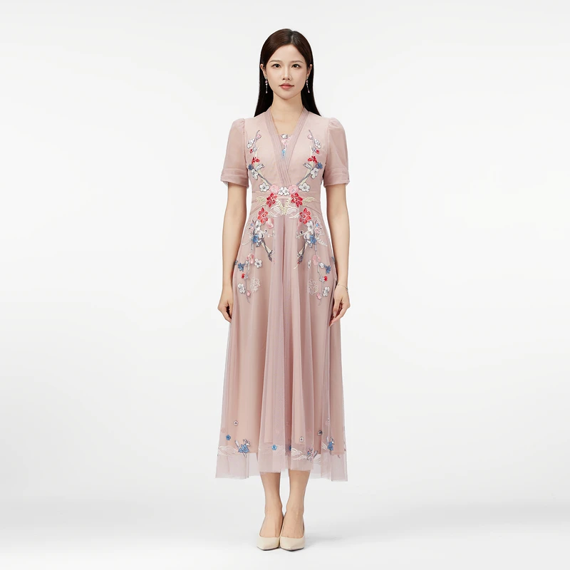 SUSSI/古色"邂逅“中式复古包肩袖绣花连衣裙