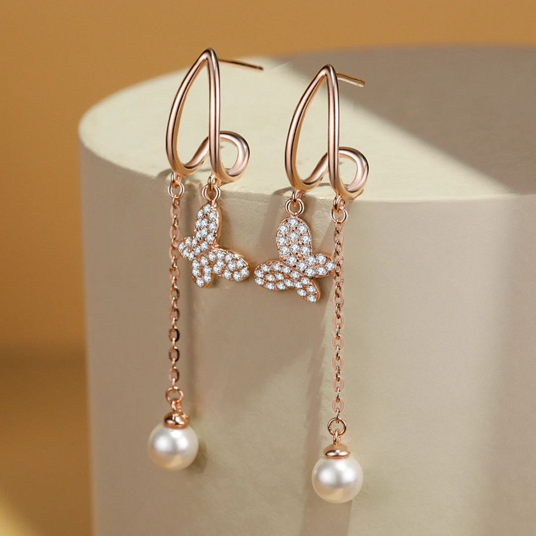 925银耳饰 S925银长款气质清新小香风蝴蝶吊坠女耳坠耳饰