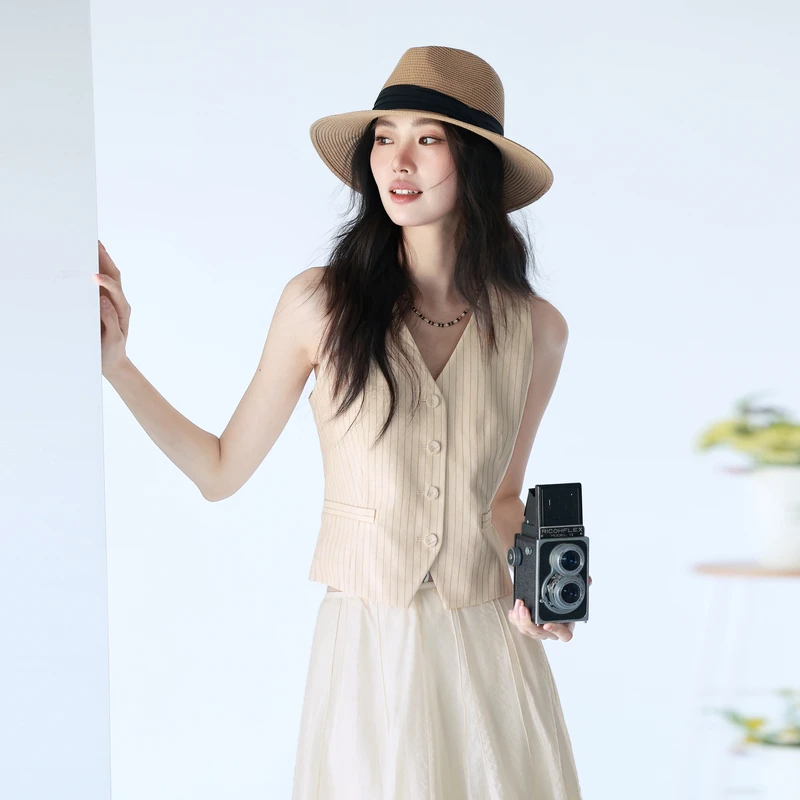 伊芙丽亚麻印花条纹v领收腰无袖马夹外套春季气质感上衣1G3910771