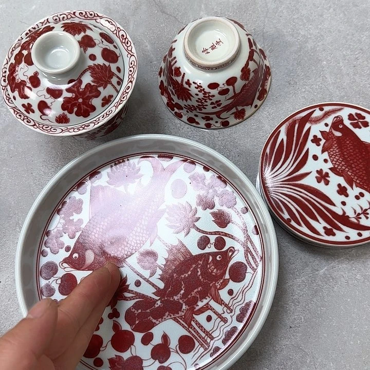 瓷片釉里红鱼藻4件套景德镇