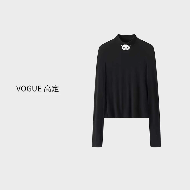 【Y04】女士熊猫打底衫黑色百搭半高领卡通刺绣长袖T恤BS