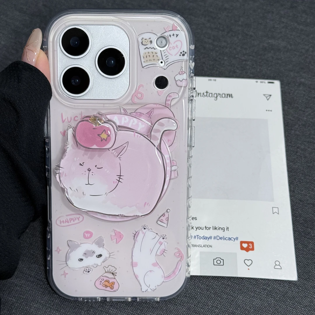 喵六家可爱苹果睡觉小猫转转磁吸支架适用苹果手机壳早春日韩风