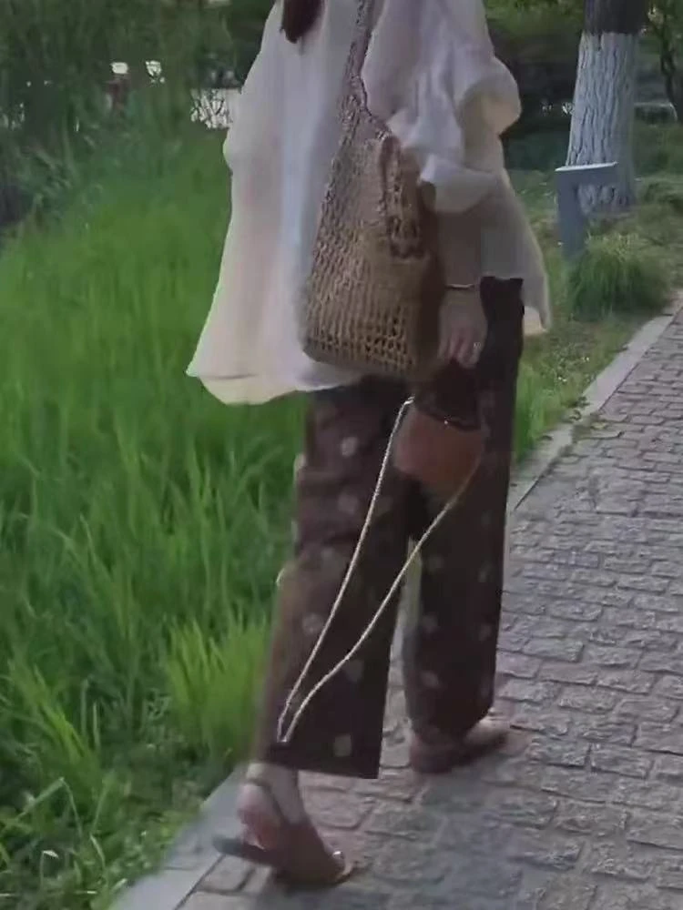 刺绣裤 韩版纯色松紧腰宽松直筒阔腿裤夏季慵懒风减龄裤子