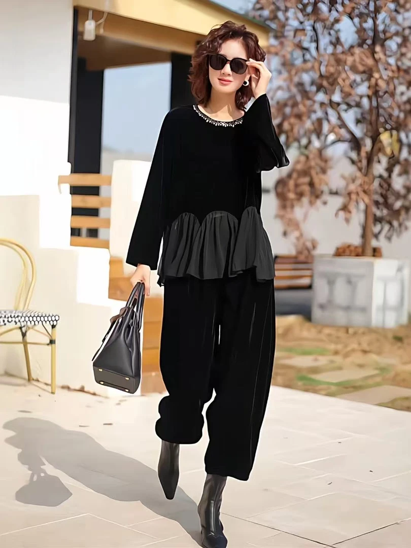 25高端轻奢复古洋气大码减龄丝绒裙摆上衣宽松阔腿裤显瘦两件套装