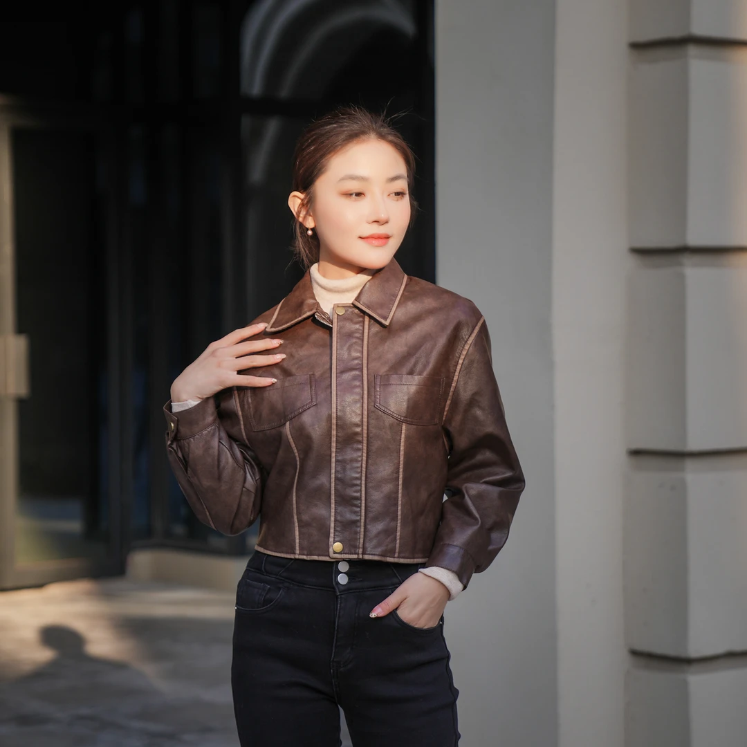 【CCLULU】绵羊皮革新款短外套上衣雅丹风擦色皮衣女工装皮夹克