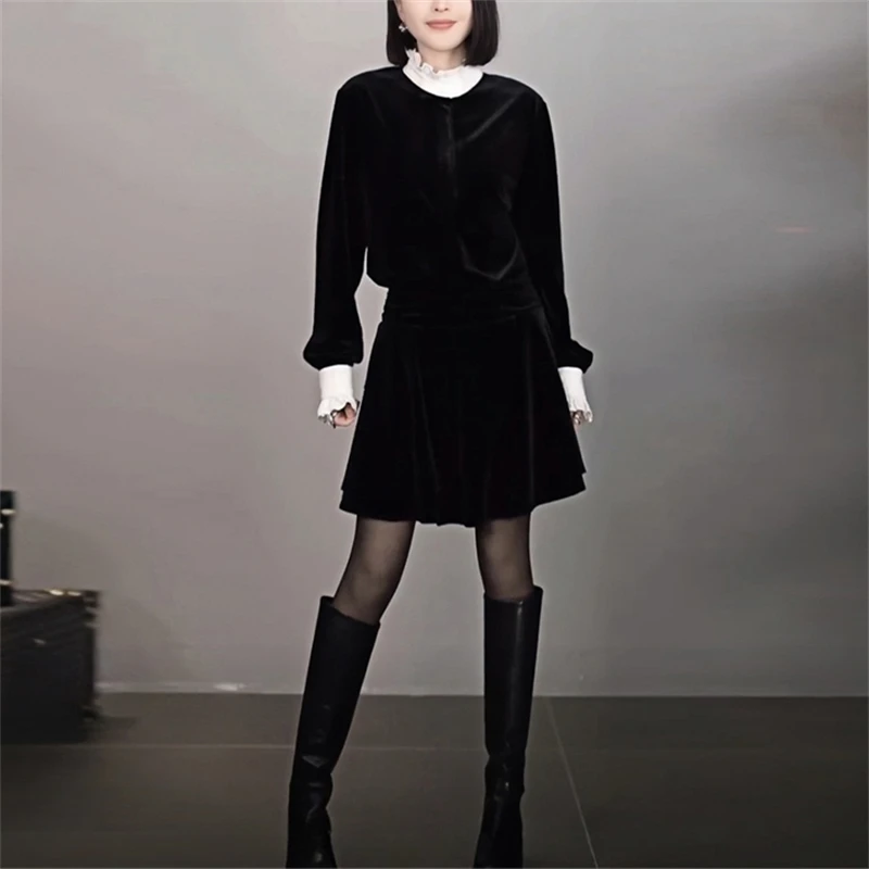 贵气轻奢拼接收腰丝绒连衣裙女2025春季新款宽松显瘦韩系百搭短裙