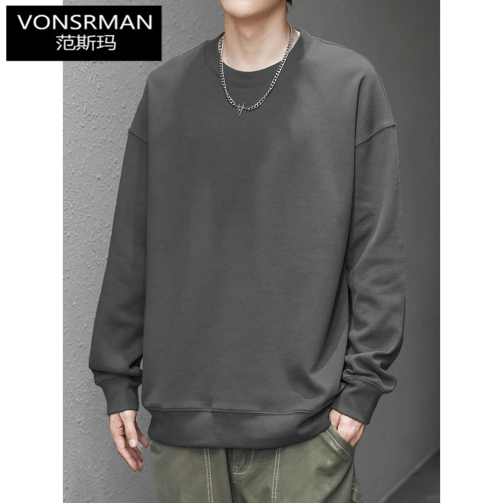 时尚卫衣男士春秋款圆领纯色灰色长袖t恤无帽上衣服宽松潮流百搭