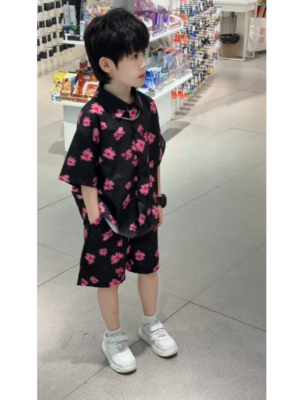 【品牌】男童小中大童夏季儿童韩版薄款碎花时尚潮短袖衬衫两件套装