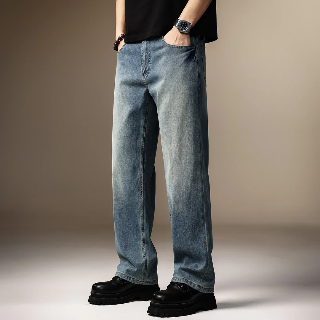 贵色美式垂感潮牌弹力牛仔裤男夏季新款高街阔腿宽松直筒薄款裤子