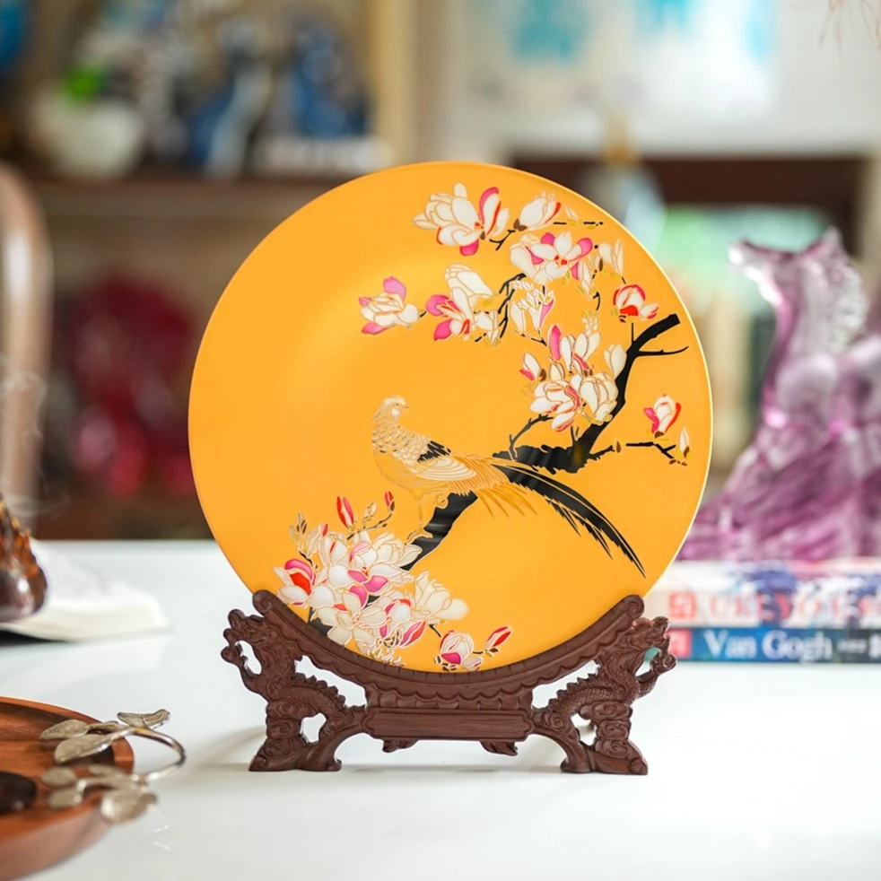 【奇居】 艺术款 双面晶丝雕刻手工彩绘赏盘摆件 喜上眉梢
