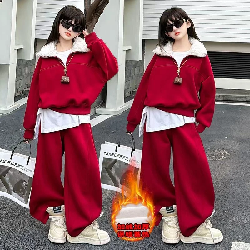 女童秋冬款加绒加厚红色新年服卫衣套装中大童洋气毛领儿童冬装潮