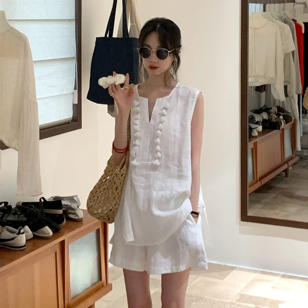韩系白色立体流苏无袖套装女2025夏新款高级感慵懒两件套