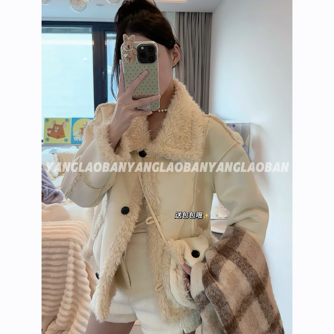 【奶霜绒境配包包】冬新款韩版女宽松休闲百搭羊羔毛皮毛一体外套