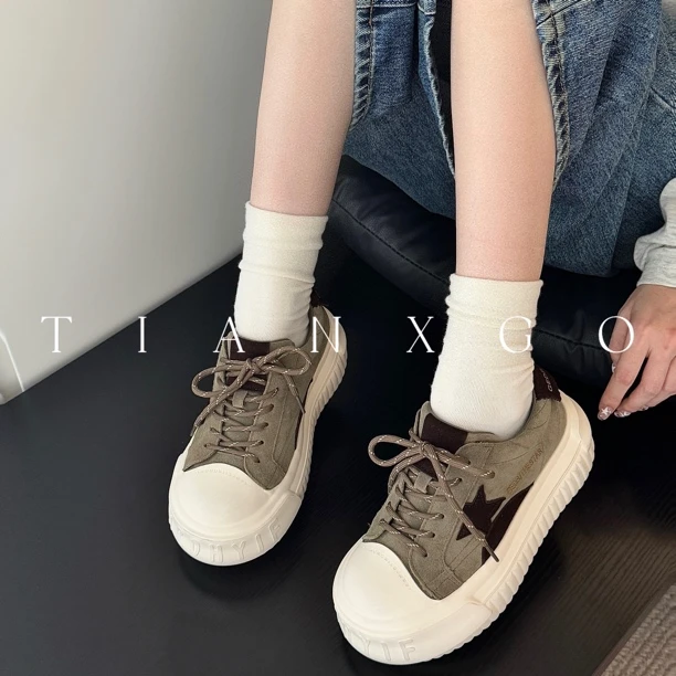 厚底磨砂鞋女2025新款四季百搭板鞋小个子增高显脚小休闲鞋松糕鞋