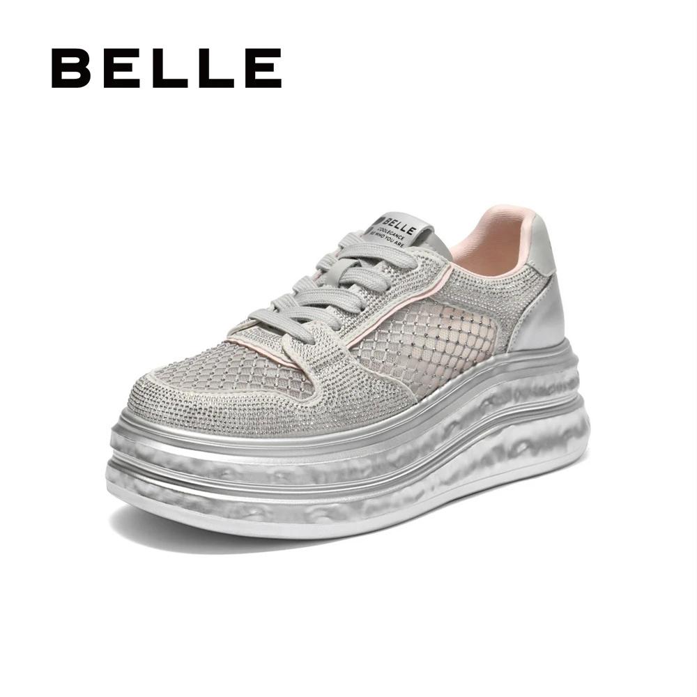 百丽撞色透气网面板鞋女2025夏新厚底增高休闲鞋轻奢鞋子B2547BM5