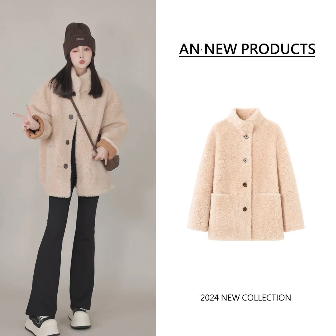 【白茶气泡水】B10837冬季新款宽松时尚高级感复古保暖气质立领外套