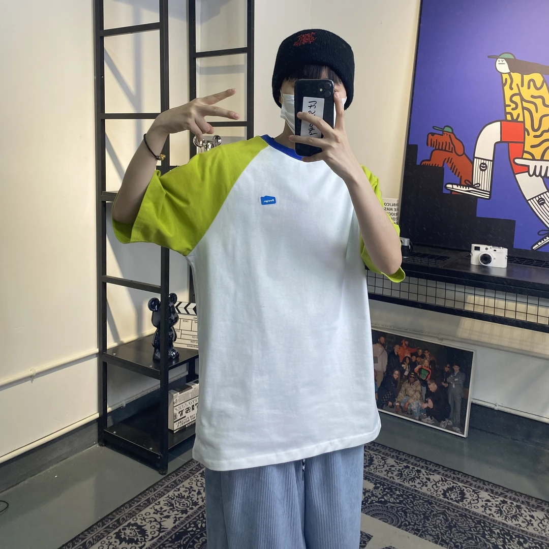 260G短袖纯棉百搭夏季拼接撞色简约时尚情侣学院复古情侣男士T421