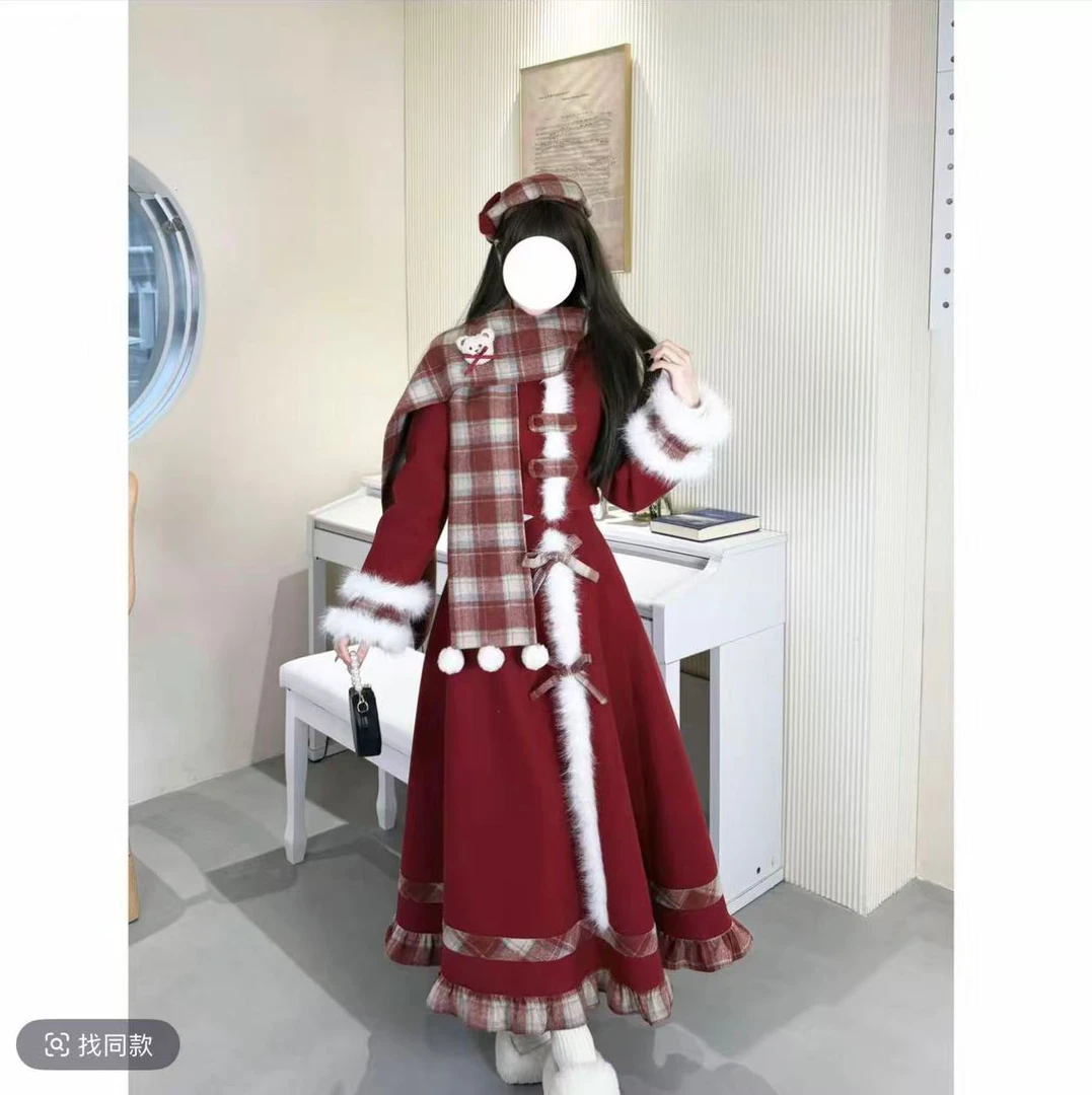 焦糖小熊 冬季甜美风收腰加厚毛呢大衣外套连衣裙套装
