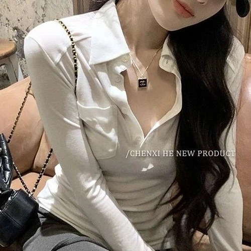 白色polo领长袖t恤女秋冬新款纯欲辣妹修身打底衫内搭巨好看上衣