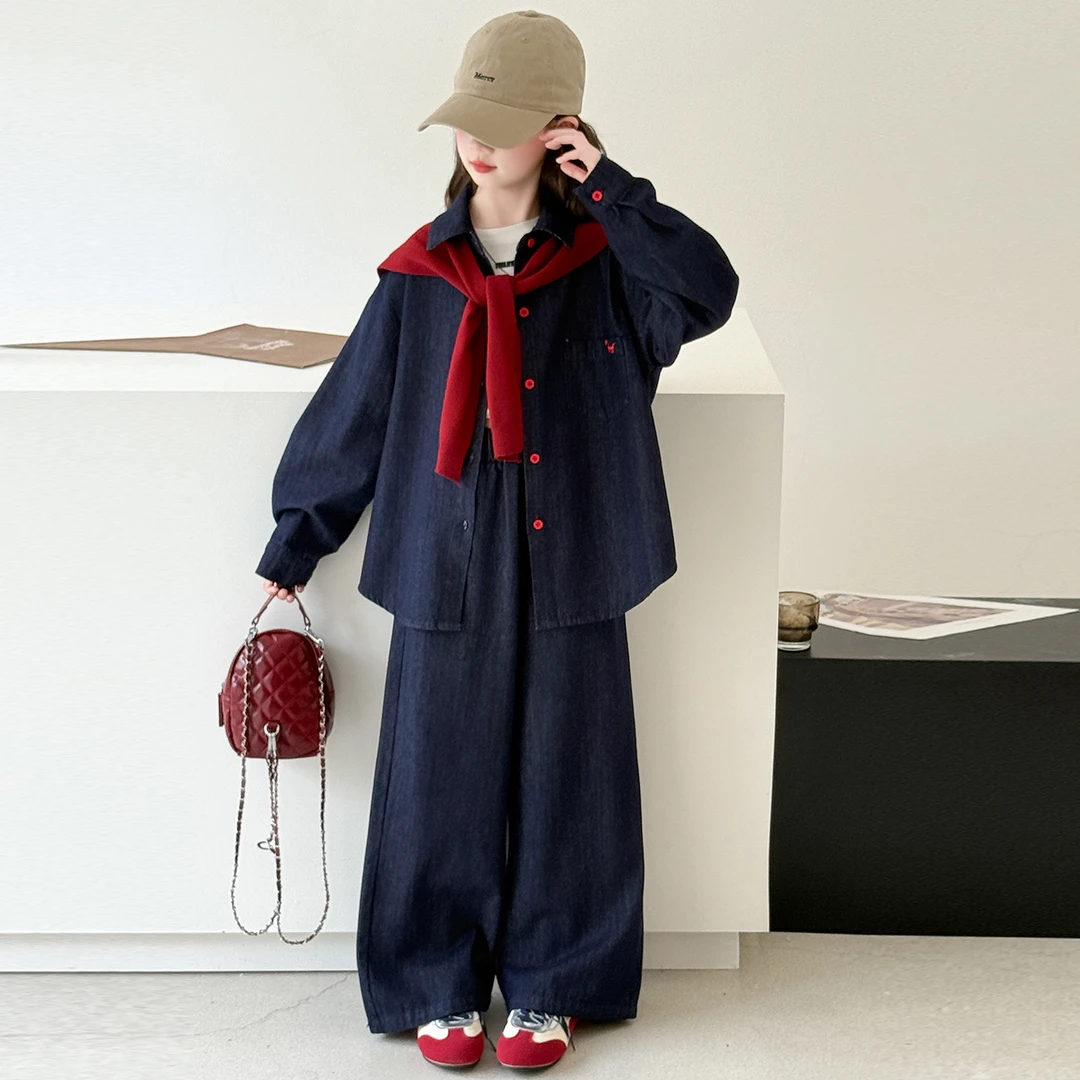 女童牛仔衬衫套装秋季2025新款儿童韩系穿搭洋气时髦早秋大童秋装