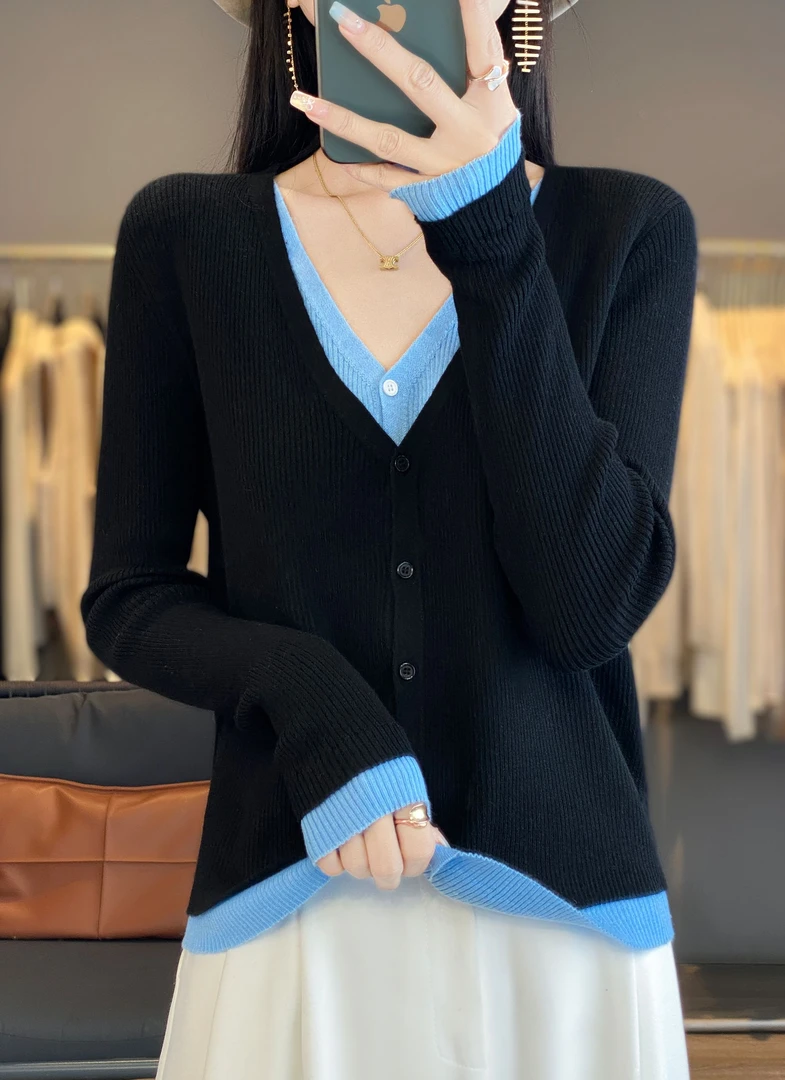 【软糯舒适细腻】精纺羊毛假两件针织开衫女士洋气显瘦外搭上衣