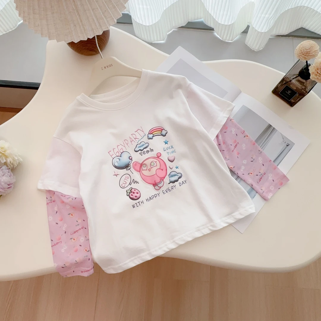 2025夏季儿童圆领T恤假两件蛋仔爱心女童短袖N-65156
